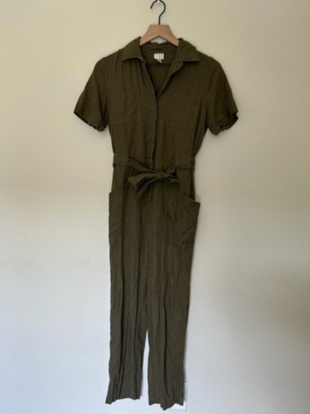 A NEW DAY Women S Granola Boho Linen Blend Green Short Sleeve‎ Collared Jumpsuit